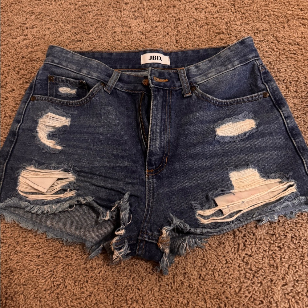 Distressed High-Rise Denim Shorts in Dark Blue